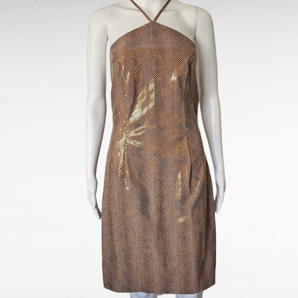 Vintage Moda International 90s Tan Reptile Halter Sheath Dress Size Medium